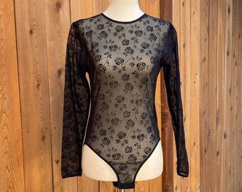 90s Black Sheer Floral Long Sleeve Body Suit Medium