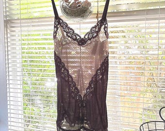 Black Sheer 1980s Vintage Camisole Lingerie Top Lace Trim Swiss Dot size XXS