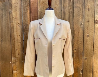 Vintage 1970s Pale Peach Blazer with Burgundy Piping size Small