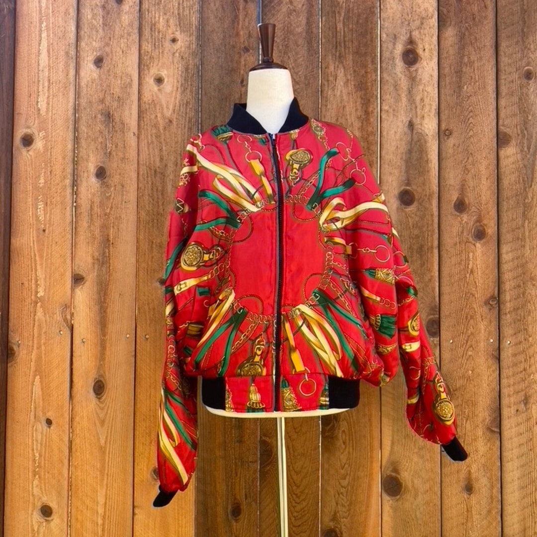 1990s Jacqueline Ferrar Red Bomber Jacket Gold Chain Green Ribbon Print