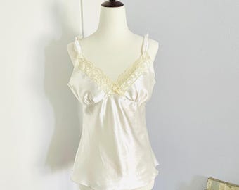 1980s Off White Satin & Lace Camisole Tank Size XS
