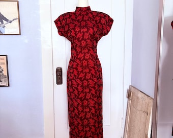 1980s Red and Black Cutout Back Peplum Dress size 9/10/Medium