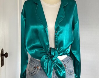 Teal Shiny Satin PJ Style blouse Vintage 1990s size Petite Small