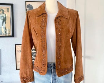 Coldwater Creek Tan Suede Jacket Beaded Trim size Petite Small