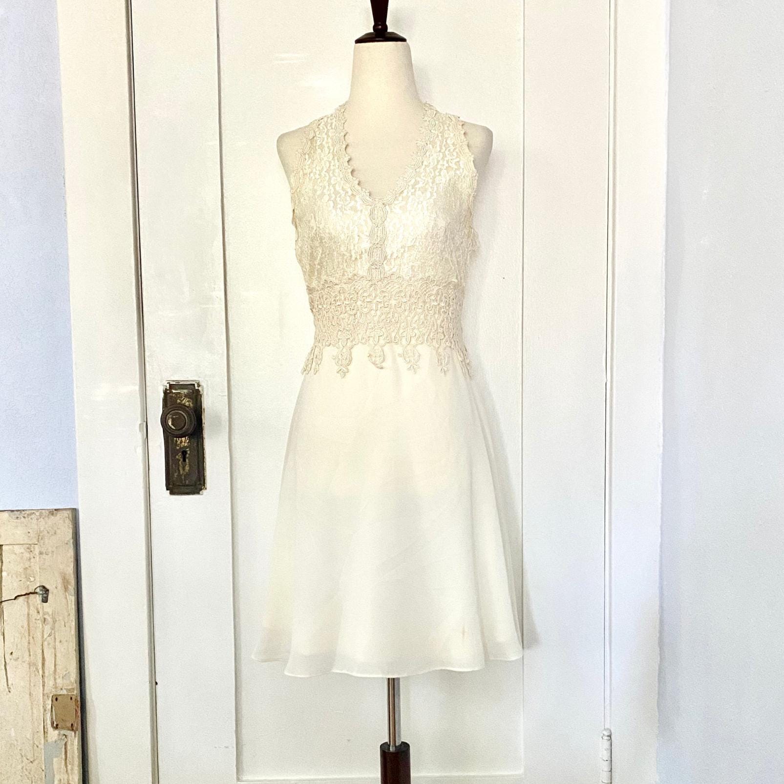 1990s off White Cream Lace Embroidered Chiffon V Neck Halter Dress Size  Small - Etsy
