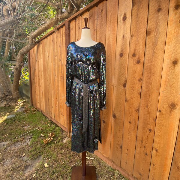 80s Black and Iridescent Glitzy Glamorous rainbow Sequin and Beaded Midi maxi long sleeve statement Dress size extra small