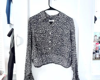 Black and White Leopard Print Silk Blouse Reworked 1990s Vintage size Small