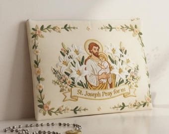 Rosary pouch Catholic Flat Zipper Pouch Mary Faux embroidery pouch Catholic gift for women Godmother gift for Goddaughter Catholic mom gift