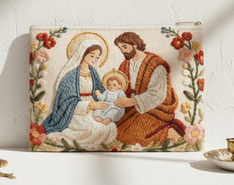 Rosary pouch Catholic Flat Zipper Pouch Mary Faux embroidery pouch Catholic gift for women Godmother gift for Goddaughter Catholic mom gift