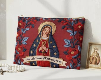 Rosary pouch Catholic Flat Zipper Pouch Mary Faux embroidery pouch Catholic gift for women Godmother gift for Goddaughter Catholic mom gift