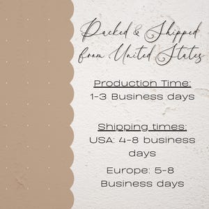 May include: A beige and white background with the text "Packed & Shipped from United States." Additional text details production and shipping times in business days.