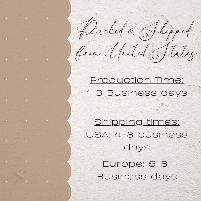 May include: A beige and white background with the text "Packed & Shipped from United States." Additional text details production and shipping times in business days.