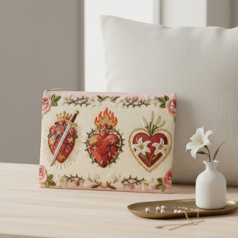 May include: Cream-colored embroidered pouch featuring three sacred heart designs with floral and crown details. The pouch has a pink border with floral and thorn accents, and a gold zipper.