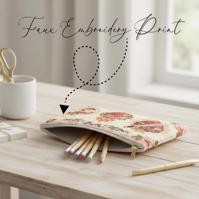 May include: A beige pencil case with a floral print and a gold zipper, filled with pencils. The text "Faux Embroidery Print" is above the pencil case. The case is open, revealing the pencils inside.