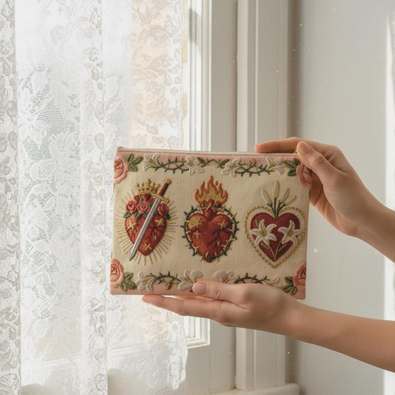 May include: A beige rectangular pouch with embroidered sacred heart designs. The pouch features three heart motifs: one pierced by a sword, one with flames, and one with lilies. The edges are trimmed with pink and floral embroidery.
