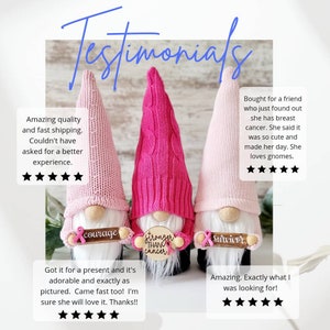 Testimonial statements from previous purchasers of cancer gnomes from Bluebird Court Creations