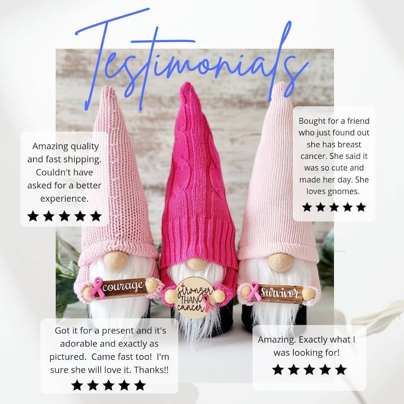 Testimonial statements from previous purchasers of cancer gnomes from Bluebird Court Creations