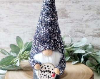 Happy Camper, Camping Gnome, RV Decor made from recycled sweater handmade by Bluebird Court Creations