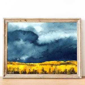 Montana Landscape Art Print | Golden Wheat Field Meadow | Kansas Watercolor Painting | Cabin Decor | Large Wall Art | Cowboy Aesthetic