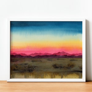 Desert Mountain Sunset Art Print | New Mexico Landscape Painting | California Poster | Arizona Watercolor Illustration | Large Wall Decor