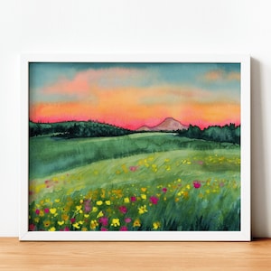 Sunset Flower Art Print | Mountain Field | Watercolor Landscape Painting | Countryside Artwork | Large Wall Art | Romantic Cabin Decor