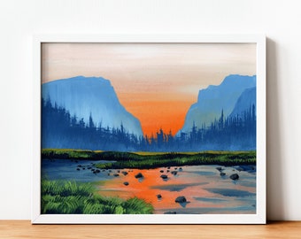 Mountain Sunset Art Print | Pacific Northwest Artwork | Pine Trees Lake Scene Painting | Rocky Mountains Illustration | Rustic Cabin Decor