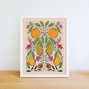 Vintage Fruit Folk Art Print | Large Kitchen Art | Nursery Decor | Lemon Citrus Artwork | Orange Floral Print | Pear Illustration | Wall Art