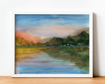 West Virginia Art Print | Blue Ridge Mountains Watercolor Illustration | Lake Sunset Artwork | Fall Autumn Leaves Painting | Living Room Art