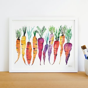 Carottes Arc-en-ciel Heirloom Impression d'art mural aquarelle, décoration de cuisine, légumes, oeuvre d'art, peinture | Grande oeuvre d'art murale | Affiche de nourriture