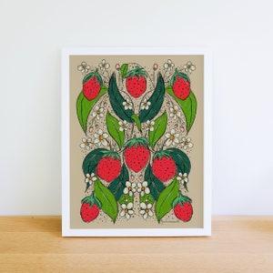 Strawberry Fruit Folk Art Print | Vintage Kitchen Artwork Decor | Floral Fraise Artwork | Fruit Food Print Illustration | Large Wall Art