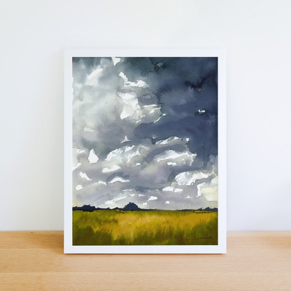 Rain Sky Watercolor Painting | Country Wheat Field Art Print | Large Western Meadow Landscape Artwork | Cabin Botanical Flora
