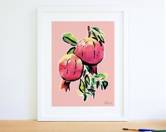 Granaatappel aquarel Wall Art Print | Aquarel voedsel illustratie | Fruitschilderij | Mediterrane inrichting | Keukeninrichting