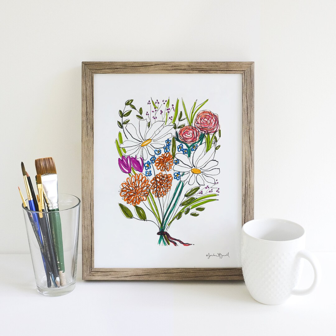 Wildflowers Wall Art Print Floral Bouquet Watercolor Painting Summer ...