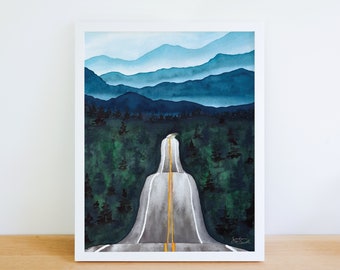 Blue Ridge Mountains Artwork Print | Asheville North Carolina Art | Watercolor Panoramic Forest | Smoky Mountains| Large Wall Art