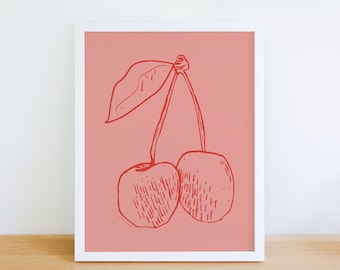 Cherries Wall Art | Minimal Art Print | Kitchen Decor | Summer Cherries Art | Painting