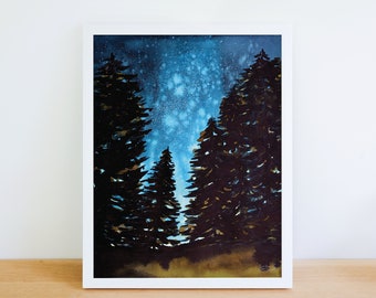 Lapland Northern Lights Art Print | Watercolor Mountain Forest Landscape Painting | Starry Night Sky Artwork Illustration | Large Wall Art