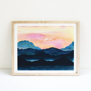 Sunset Blue Ridge Mountains Art Print | North Carolina Sunrise Artwork | Landscape Watercolor Painting Illustration, Large to Small Wall Art