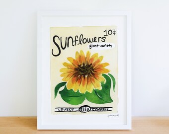 Sunflower Watercolor Art Print | Vintage Flower Seed Packet Illustration | Summer Aesthetic Artwork | Botanical Poster | Flowers Panting