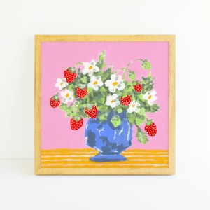 Strawberries Wall Art Print | Square Artwork | Nursery Decor | Kitchen Wall Decor | Summer Fruit Berries Painting | Flower Vase Print