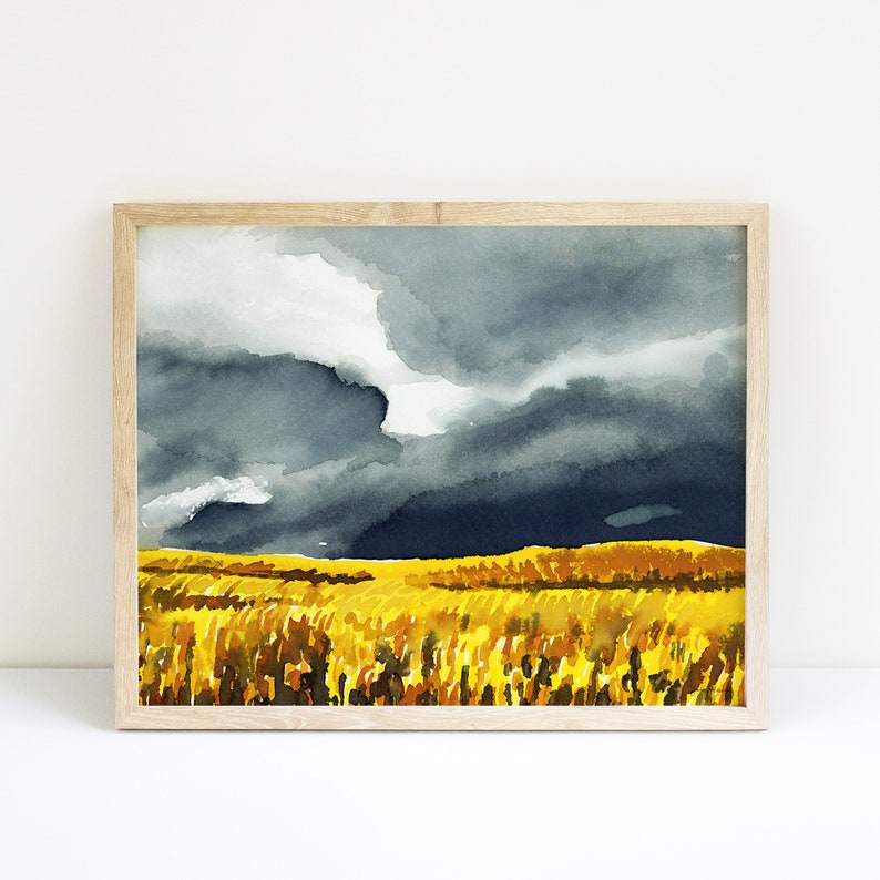 Storm Sky Wheat Field Art Print Rain Clouds Watercolor Painting Large Landscape Artwork American Midwest Kansas Tennessee Wall Decor image 1