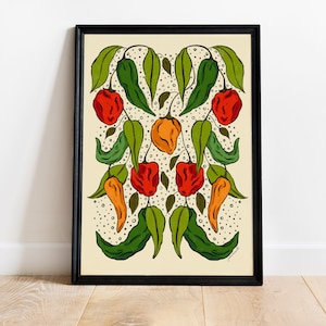 Folk Chili Peppers Art Print | Vintage Botanical Poster | Kitchen Wall Decor | Fruit Vegetables Artwork | Habanero Jalapeño Illustration