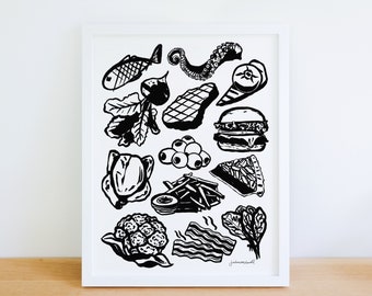 Food Poster | Black and White Kitchen Artwork | Hamburger Fries Art Print | Chicken Fish Bacon Illustration | Vegetables Food Painting