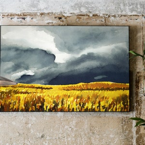 Storm Sky Wheat Field Art Print Rain Clouds Watercolor Painting Large Landscape Artwork American Midwest Kansas Tennessee Wall Decor image 2