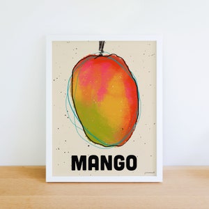 Mango Art Print | Kitchen Wall Art Decor | Retro Botanical Poster | Fruit and Vegetables Artwork | Watercolor Mangos | Food Illustration