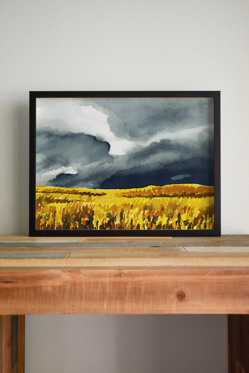 Storm Sky Wheat Field Art Print Rain Clouds Watercolor Painting Large Landscape Artwork American Midwest Kansas Tennessee Wall Decor image 7