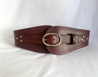 Burgundy Leather Corset Belt – Wide Waist, Gold Buckle - Etsy display picture 2