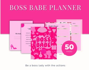 Könnte beinhalten: Ein pinkfarbener Boss Babe Planer mit dem Text "BOSS BABE PLANNER" oben. Der Planer enthält 50 Seiten und hat ein pinkfarbenes Cover mit den Worten "BOSS BABE" und verschiedenen Illustrationen. Die Wörter "DIGITALE DOWNLOADS" und "DRUCKBARE PLANER" sind ebenfalls sichtbar.