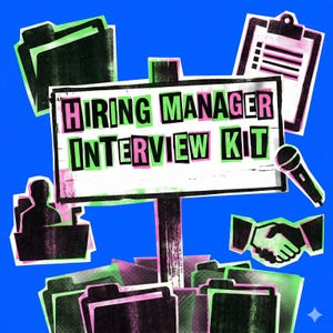 Pode incluir: Uma imagem vibrante em um fundo azul, apresentando uma placa que diz "HIRING MANAGER INTERVIEW KIT" em rosa e verde. O design incorpora ilustrações de pastas de arquivos, uma prancheta, um microfone e um aperto de mão.