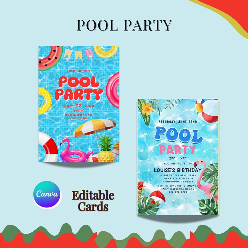 Editable Pool Party Invitation: Summer Birthday Canva Template (digital ...