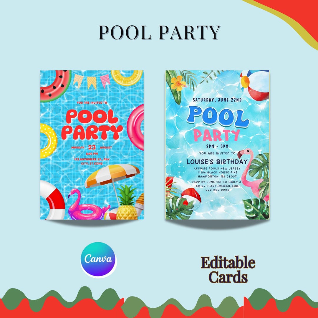 Editable Pool Party Invitation: Summer Birthday Canva Template (digital ...
